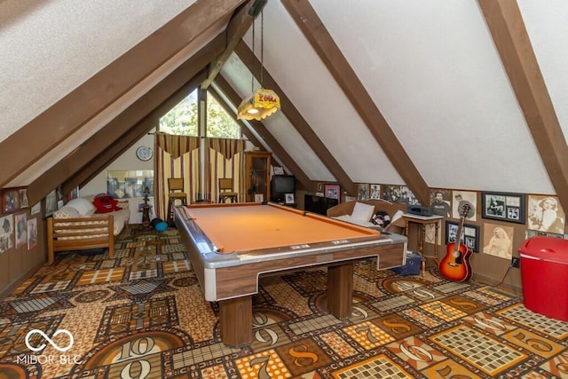 1205 Ivywood Ct, New Castle, IN 47362 - rec room featuring lofted ceiling with beams, billiards, and carpet