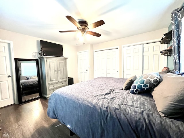 bedroom with two closets, a ceiling fan, and dark wood finished floors