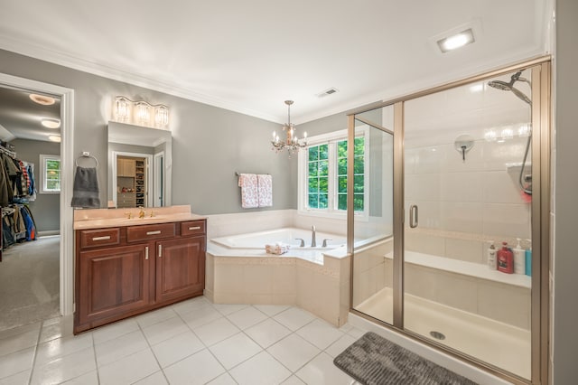 bathroom with vanity, tile flooring, a chandelier, separate shower and tub, and ornamental molding