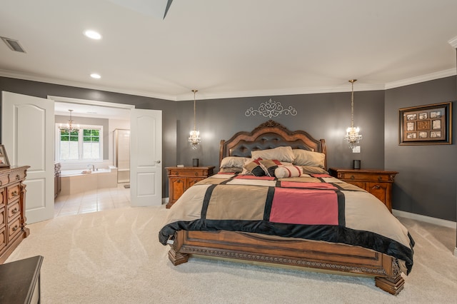 bedroom featuring crown molding, a chandelier, and light tile floors