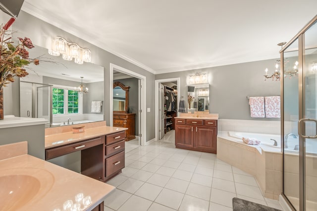 bathroom with a notable chandelier, plus walk in shower, tile floors, and ornamental molding