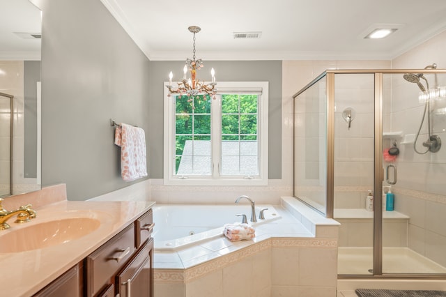 bathroom with crown molding, vanity, a chandelier, and independent shower and bath