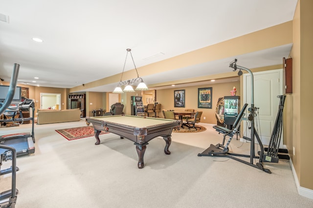 game room with light colored carpet and pool table