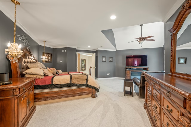 bedroom with ornamental molding, light colored carpet, and lofted ceiling