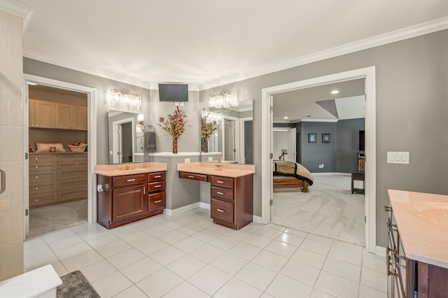 bathroom featuring crown molding, tile flooring, and double vanity