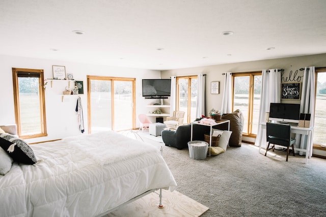 bedroom with light carpet and multiple windows