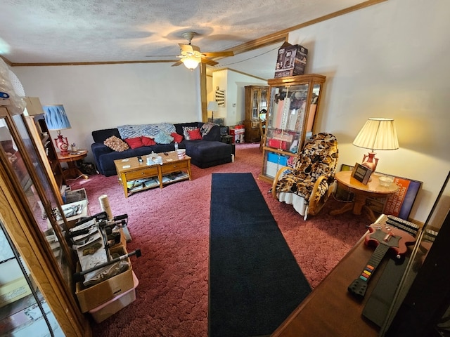 carpeted living room featuring ceiling fan, a textured ceiling, crown molding, and vaulted ceiling