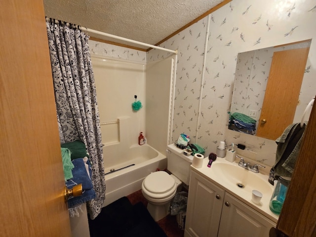 full bathroom featuring shower / bath combination with curtain, a textured ceiling, toilet, and vanity