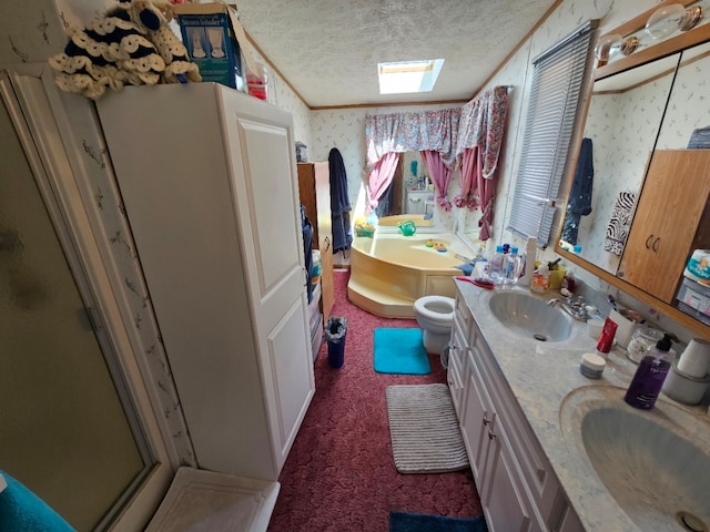 bathroom featuring dual vanity, walk in shower, and a textured ceiling