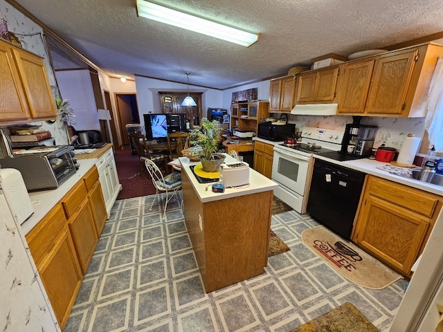 kitchen with a kitchen island, vaulted ceiling, a textured ceiling, decorative light fixtures, and black appliances