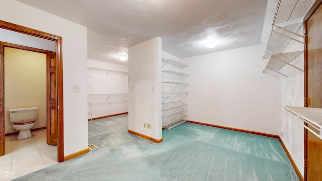 walk in closet with light colored carpet