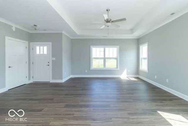 foyer featuring ornamental molding, dark hardwood / wood-style floors, ceiling fan, and a tray ceiling