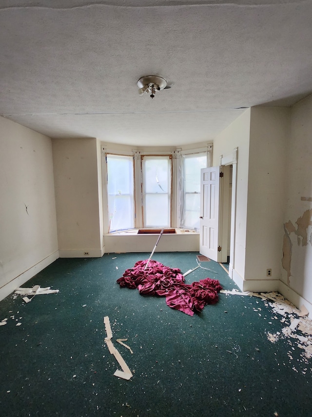 misc room featuring a textured ceiling and dark colored carpet