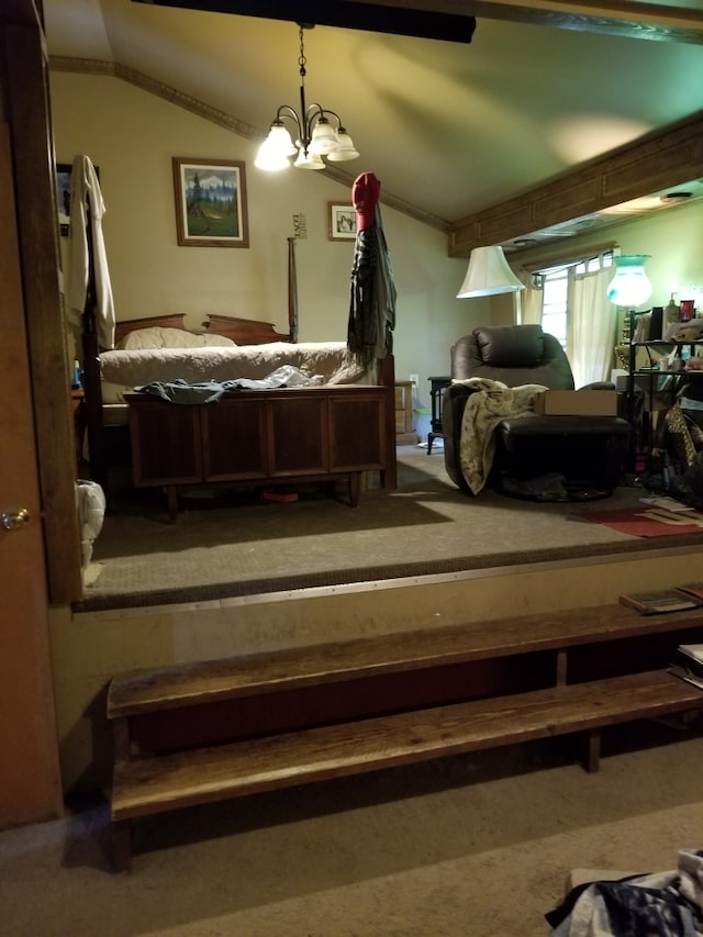 643 Pratt St, Greenfield, IN 46140 - bedroom with carpet flooring, a chandelier, and vaulted ceiling