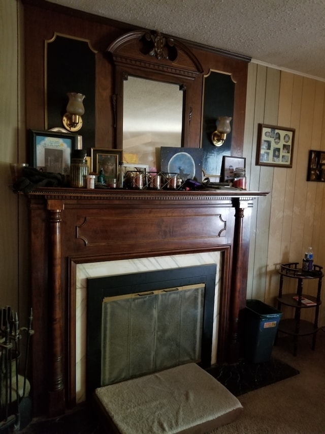 643 Pratt St, Greenfield, IN 46140 - details featuring wooden walls, a textured ceiling, and carpet