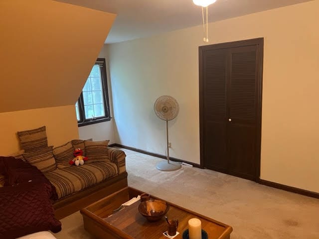 living room featuring carpet flooring and lofted ceiling