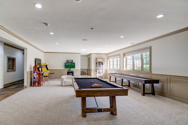 rec room with ornamental molding, light carpet, and pool table