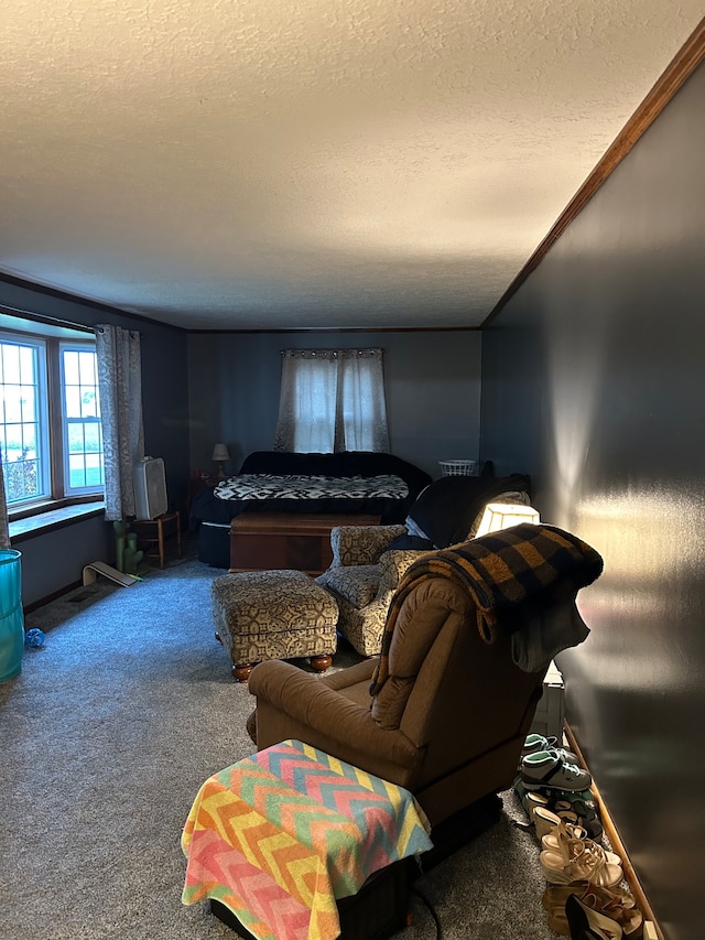 carpeted living room featuring crown molding and a textured ceiling