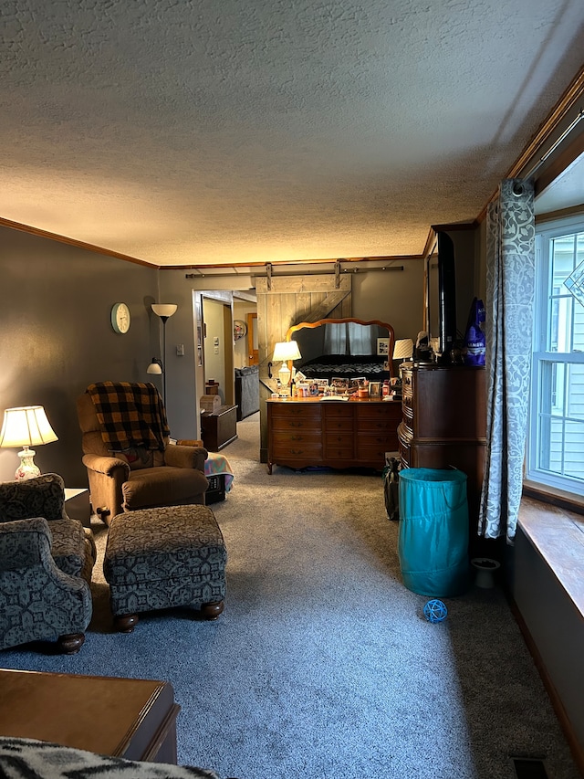 living room featuring carpet floors, a barn door, and a textured ceiling