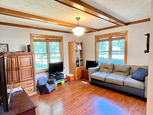 living room with beam ceiling, a textured ceiling, and hardwood / wood-style flooring