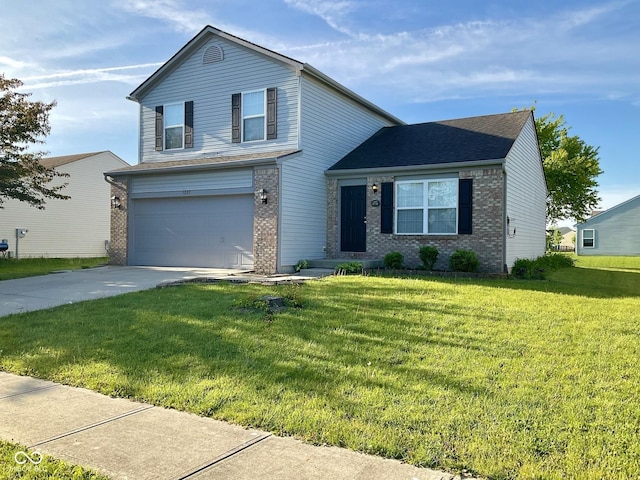 1327 Blue Ridge Ln, Brownsburg, IN 46112 - traditional-style house featuring brick siding, a garage, driveway, a front yard, and roof with shingles