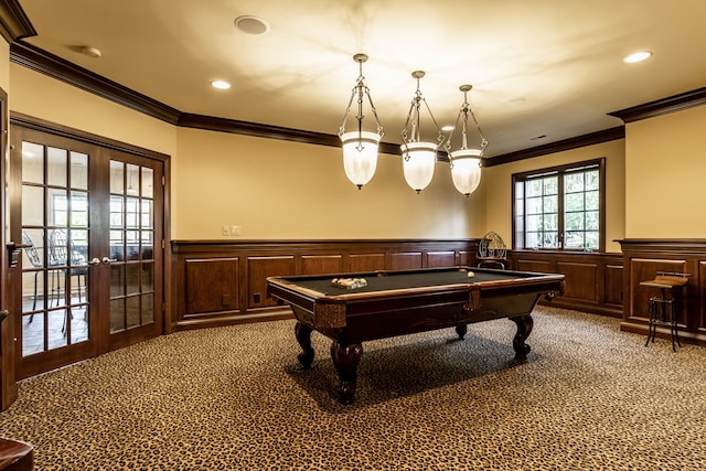 rec room with french doors, carpet, ornamental molding, and billiards