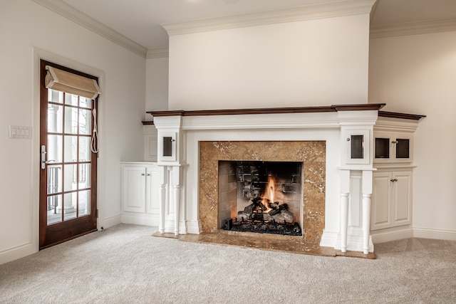 details featuring carpet, crown molding, and a fireplace