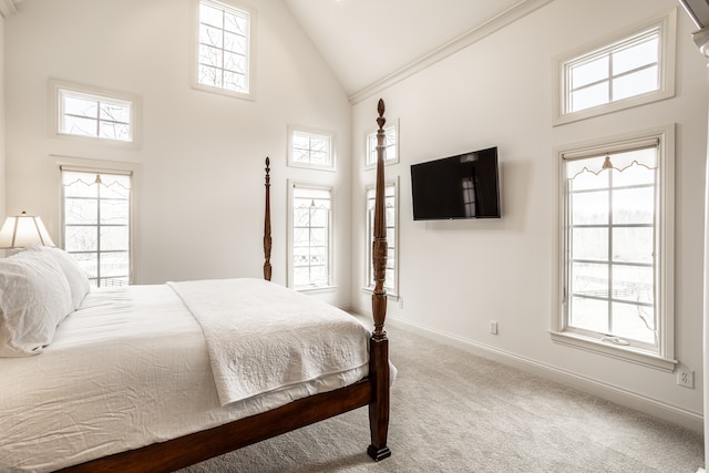 bedroom with carpet floors, ornamental molding, and high vaulted ceiling