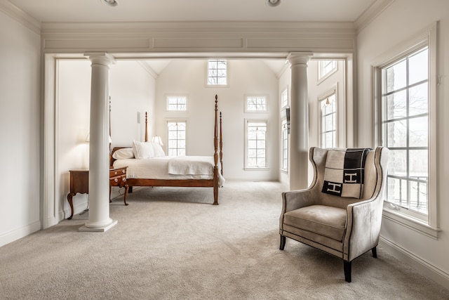 bedroom featuring carpet, multiple windows, and ornamental molding