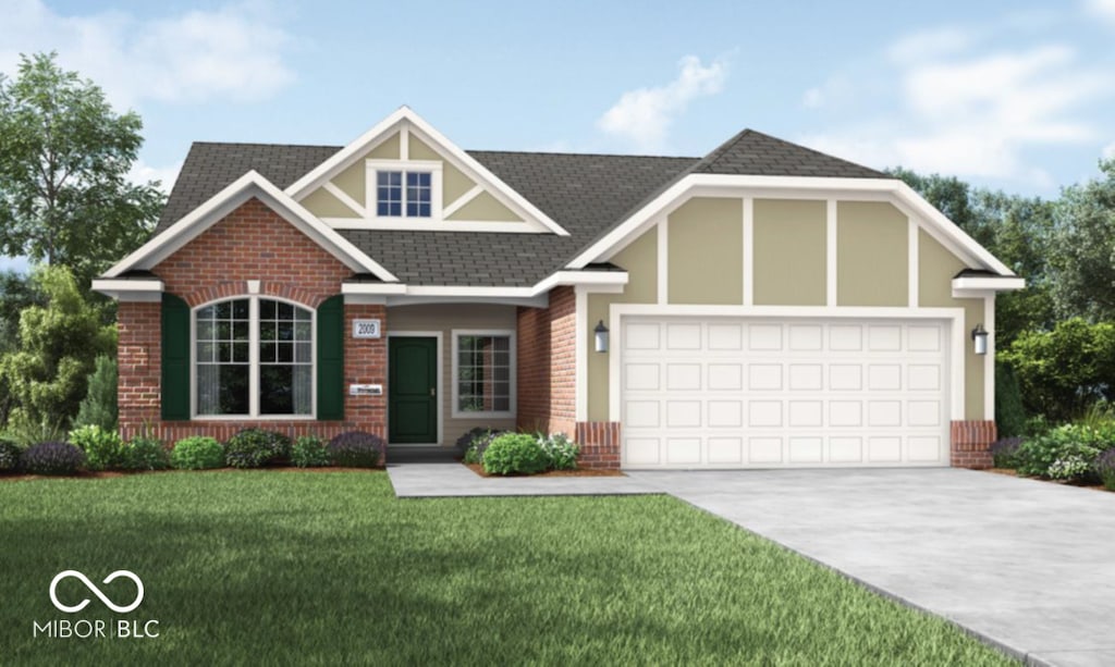 craftsman house featuring a front yard, roof with shingles, concrete driveway, brick siding, and a garage