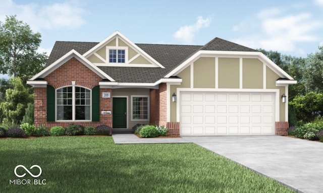 craftsman house featuring a front yard, roof with shingles, concrete driveway, brick siding, and a garage