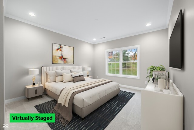 3368 Johns Way, Greenwood, IN 46143 - bedroom with light carpet, ornamental molding, baseboards, and recessed lighting
