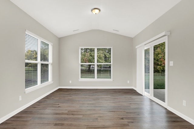 empty room with lofted ceiling, plenty of natural light, and dark wood-type flooring