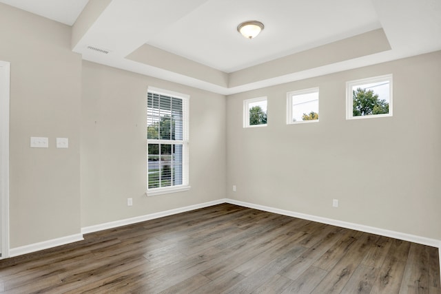 unfurnished room with a raised ceiling and dark hardwood / wood-style flooring