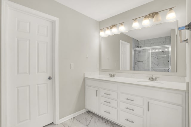 bathroom with walk in shower, dual bowl vanity, and tile floors