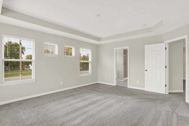 carpeted empty room featuring a tray ceiling