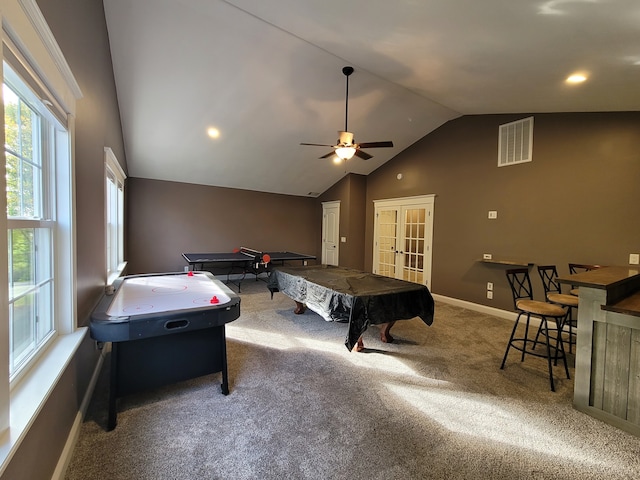 playroom with pool table, lofted ceiling, carpet flooring, and ceiling fan