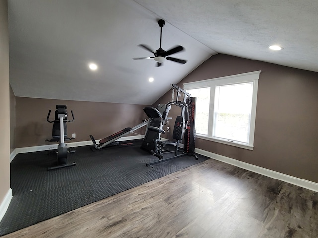 exercise area featuring ceiling fan, lofted ceiling, and hardwood / wood-style floors