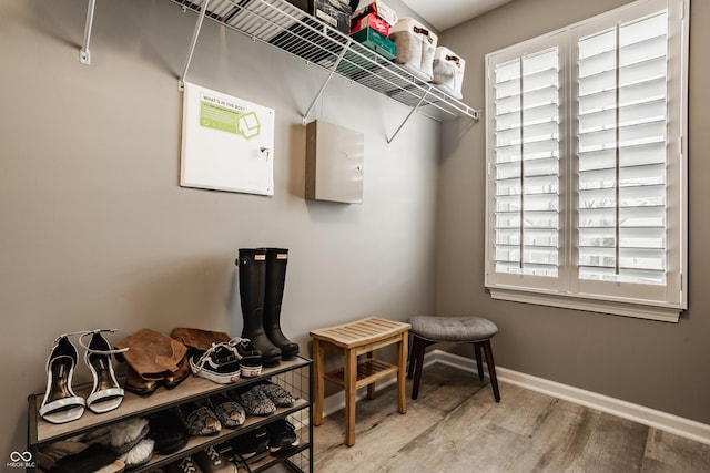 walk in closet with wood finished floors