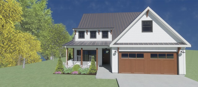 view of front facade featuring a porch, a front lawn, and a garage