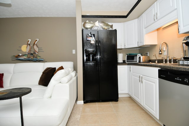 kitchen with light tile patterned flooring, dishwasher, black refrigerator with ice dispenser, and white cabinetry