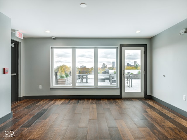 unfurnished room with dark wood-type flooring