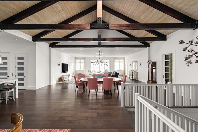 dining room featuring high vaulted ceiling, wooden ceiling, hardwood / wood-style flooring, beam ceiling, and an inviting chandelier