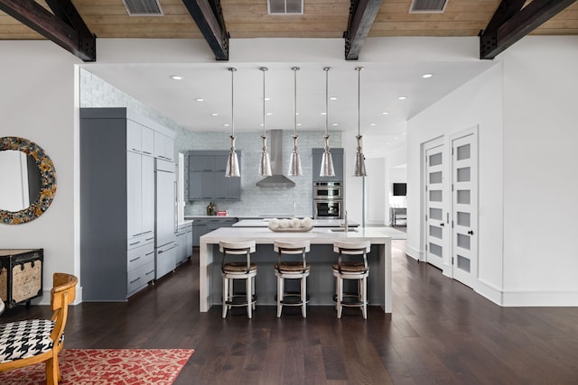 kitchen featuring light countertops, wooden ceiling, decorative backsplash, and gray cabinetry