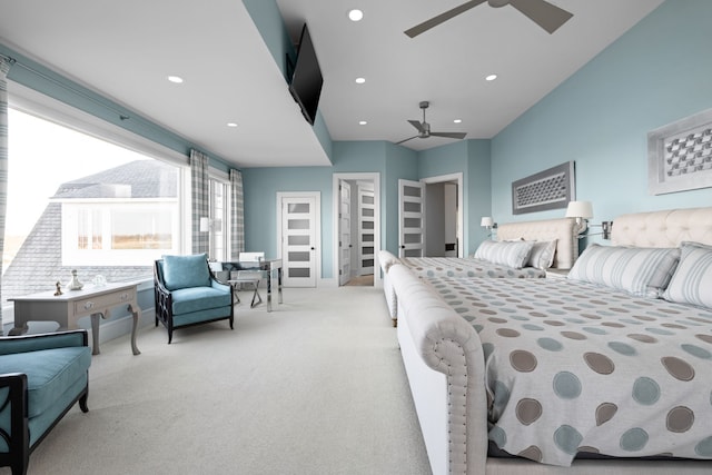 bedroom with a ceiling fan, recessed lighting, carpet flooring, and baseboards