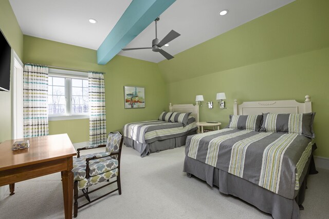 bedroom with baseboards, a ceiling fan, vaulted ceiling with beams, carpet floors, and recessed lighting