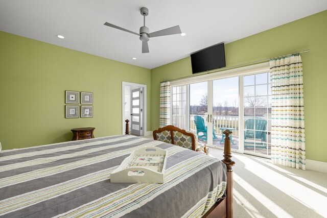 bedroom featuring access to exterior, carpet floors, french doors, recessed lighting, and a ceiling fan