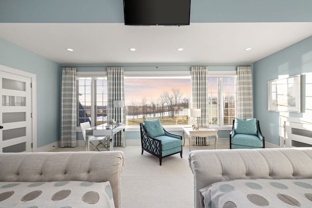 bedroom featuring carpet, baseboards, and recessed lighting