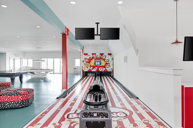 game room featuring recessed lighting, wood finished floors, visible vents, and bowling