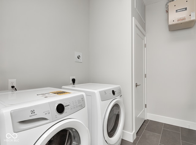 washroom with washer and clothes dryer and dark tile patterned floors